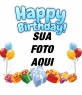 Fotomontagem para fazer sua fotografia de um cartão de aniversário. A composição de um feliz aniversário em azul. O cartão foi decorado com balões coloridos e presentes.