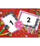 Moldura para duas fotos com motivos de festa de aniversário, fundo vermelho com