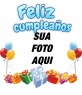 Fotomontagem como um cartão de aniversário. Foto acompanhar seus dons múltiplos e balões, juntamente com um feliz aniversário em azul claro.