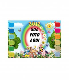 Calendário 2012 personalizado com sua foto, emoldurada com um arco-íris, um sol, margaritas e animais. 810