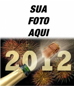 Saudação de Ano Novo 2012 com fogos de artifício e garrafa de champagne de