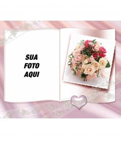 Moldura de fotos com um livro com o coração pequeno, rosas e centro ornamentais