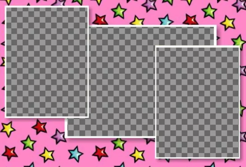 Cartão de aniversário personalizado com 3 fotografias. Fundo rosa com estrelas coloridas. Carregar as três imagens e enviar..