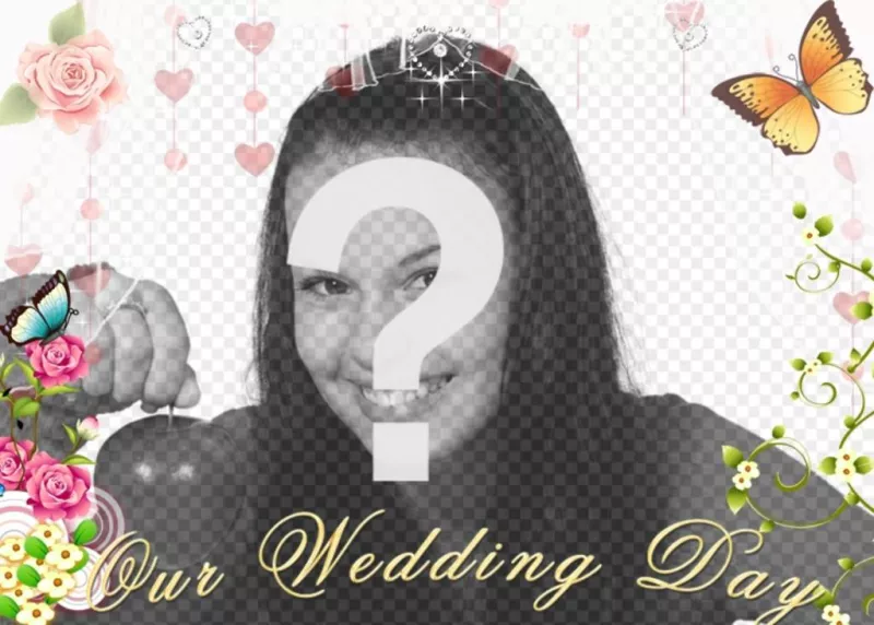 Crie o seu casamento com esta foto de decoração de cartão com o texto: dia do nosso casamento. Basta fazer o upload de uma foto e você pode enviar e-mail na mesma..
