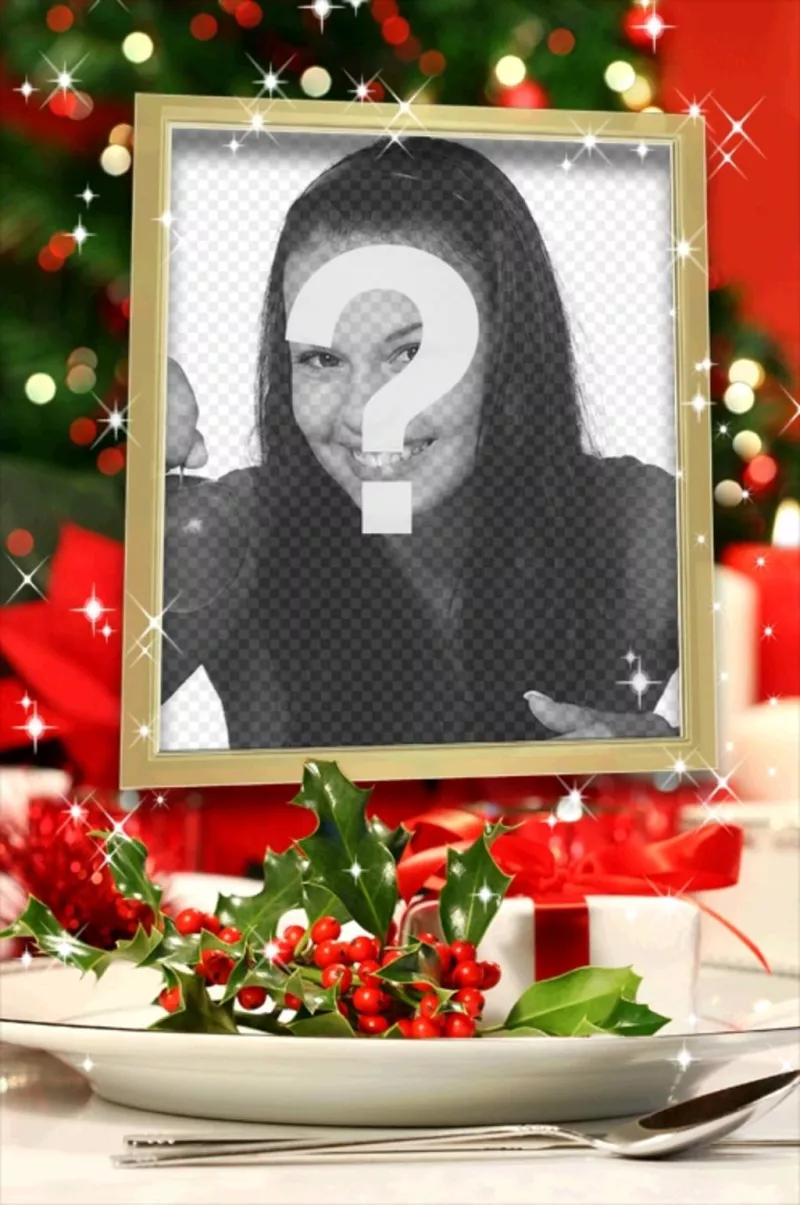 Cartão de Natal para colocar uma imagem dentro de uma moldura dourada com efeitos brilhantes e decoração de..