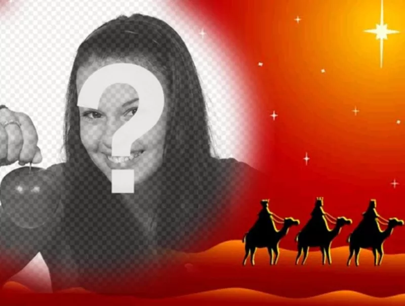 Cartão de Natal em que sua foto aparece em uma moldura circular com efeito de gradiente nas bordas, sobre uma imagem de cores quentes que representam os três reis magos montados em camelos..
