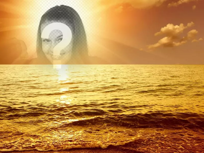 Fotomontagem com um por do sol marino, onde a cara cortada ou a imagem aparece no centro do sol, banhado em uma luz brilhante dourada um mar com..