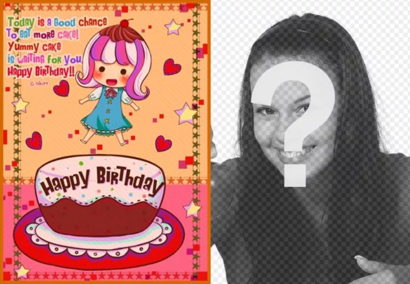 Cartão de aniversário para crianças. Com uma foto de uma menina com um bolo, corações e..