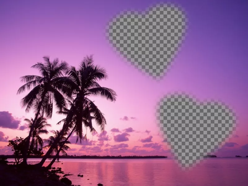 Cartão onde você pode colocar duas fotos em forma de coração com uma paisagem maravilhosa de mar e palmeiras em tons de..