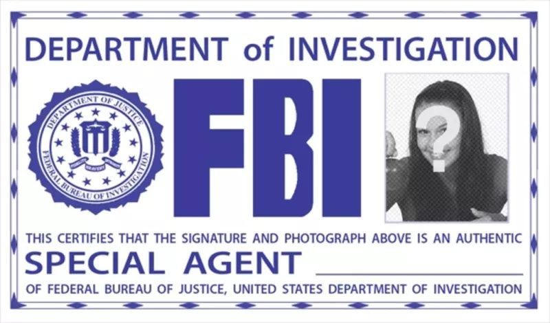 Fotomontagem do crachá de identificação do FBI.   ..