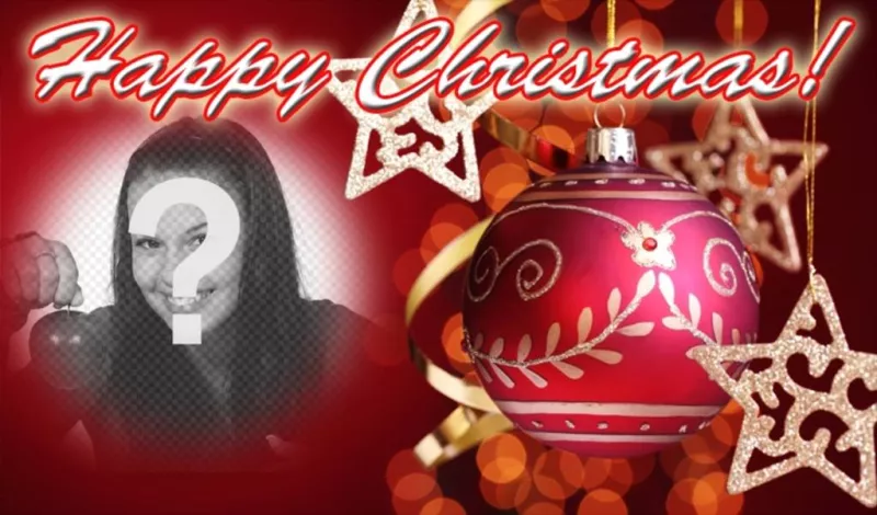 Mensagem para felicitar o Natal com texto FELIZ NATAL e fundo vermelho com uma bola de Natal. Coloque a sua foto no..