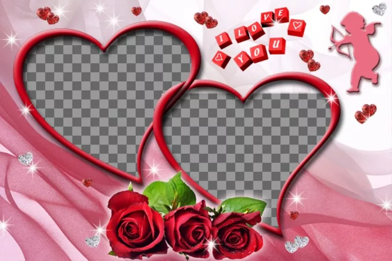 Montagem de duas fotos em forma de coração com rosas e fundo..