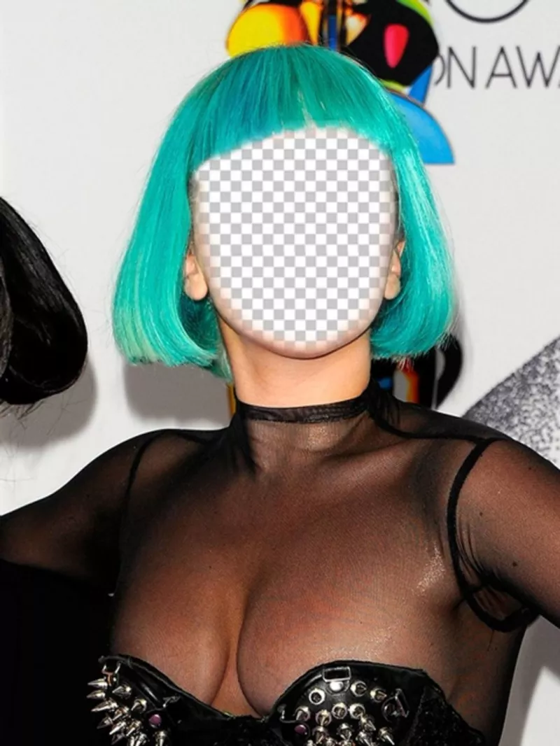 Fotomontagem de Lady Gaga com um penteado verde, onde pode colocar seu rosto ..