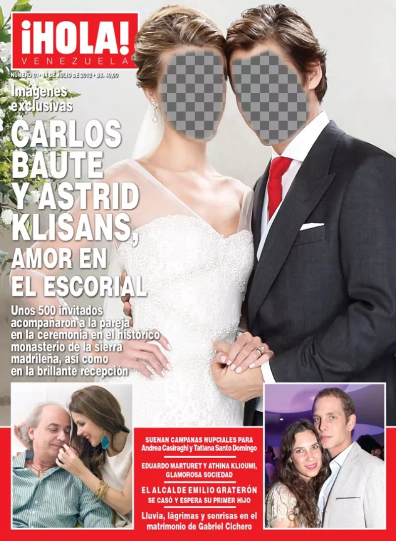 Fotomontagem em que você pode aparecer na revista "Olá" capa com o seu parceiro vestindo vestidos de noiva com o vestido de casamento branco e terno de..