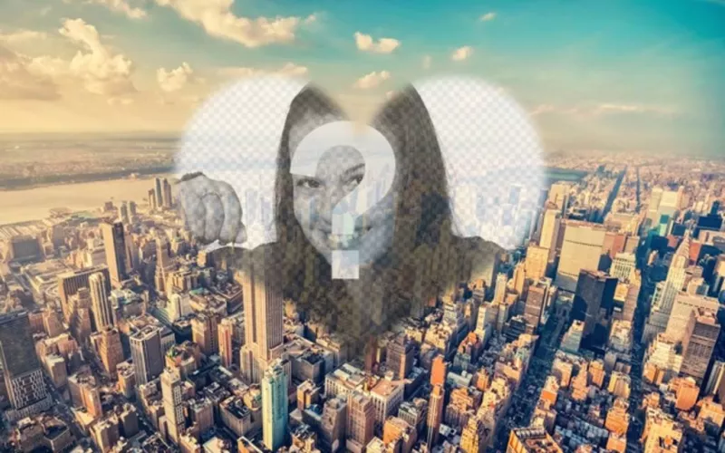 Colagem com uma foto de Nova York e sua foto dentro de um coração. Criar uma fotomontagem com sua foto em uma vista aérea de..