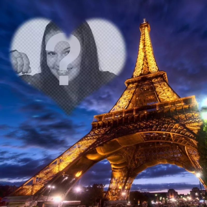 Fotomontagem em Paris, com a Torre Eiffel iluminada e um coração lightframe forma semitransparente no céu para colocar sua..