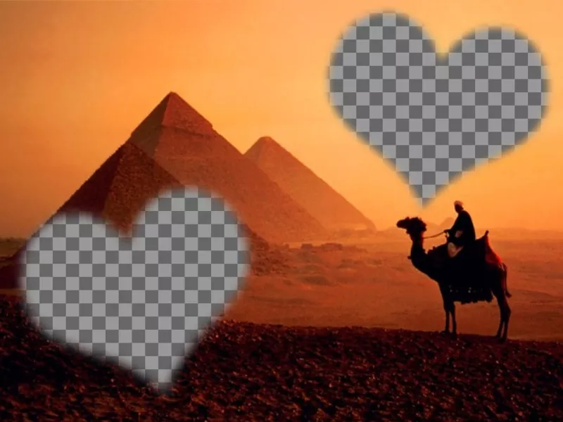 Fotomontagem no Egito, com pirâmides e um camelo e uma moldura em forma de coração semi-transparente em que para colocar uma..