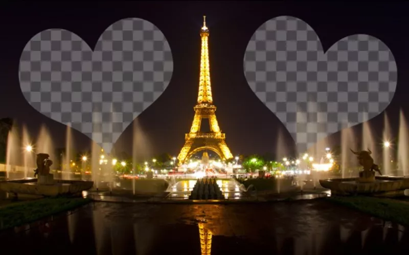 Fotomontagem com a Torre Eiffel iluminada em Paris e dois corações onde colocar as suas..