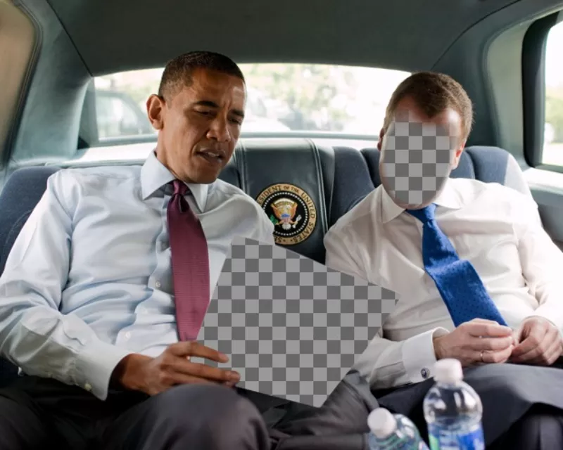 Fotomontagem com o presidente Obama em seu carro segurando a foto que você quer e acompanhado por outra pessoa que você pode personalizar com o seu..