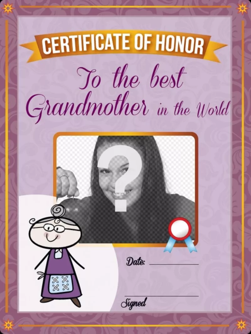 Diploma para imprimir e personalizado com uma foto de sua avó on-line..