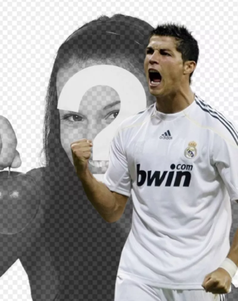 Fotomontagem de Cristiano Ronaldo gritando depois de marcar um gol para aparecer com..
