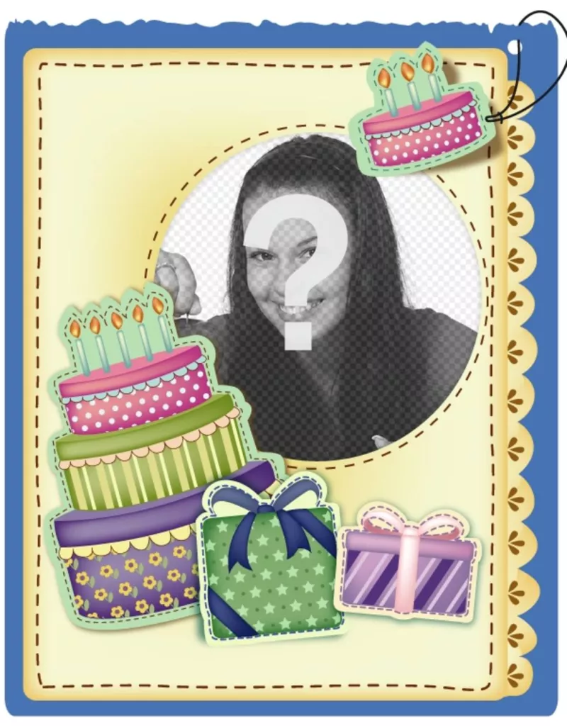 Cartão de aniversário com bolo e presentes efeito adesivo colocar a imagem e as palavras de saudação que você..