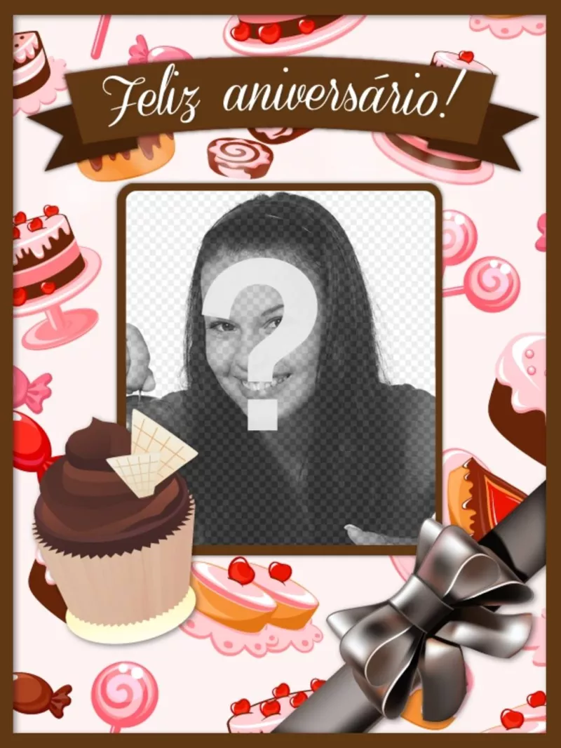 Cartão do aniversário com bolos e cupcakes em rosa e marrom..