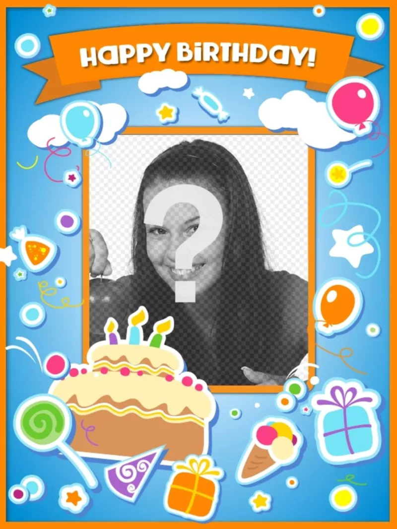 Cartão de aniversário para felicitar o aniversário e colocar uma imagem online com um bolo, balões e presentes com efeito..