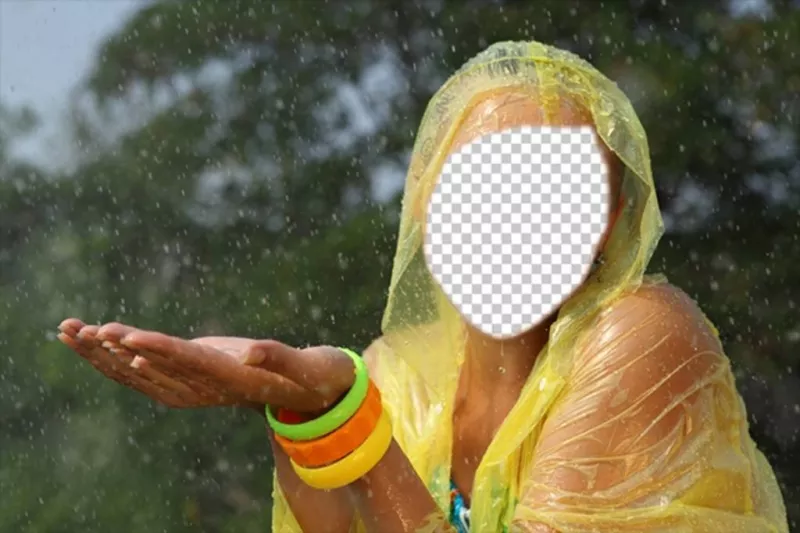 Fotomontagem de uma menina com capa de chuva amarela no ..