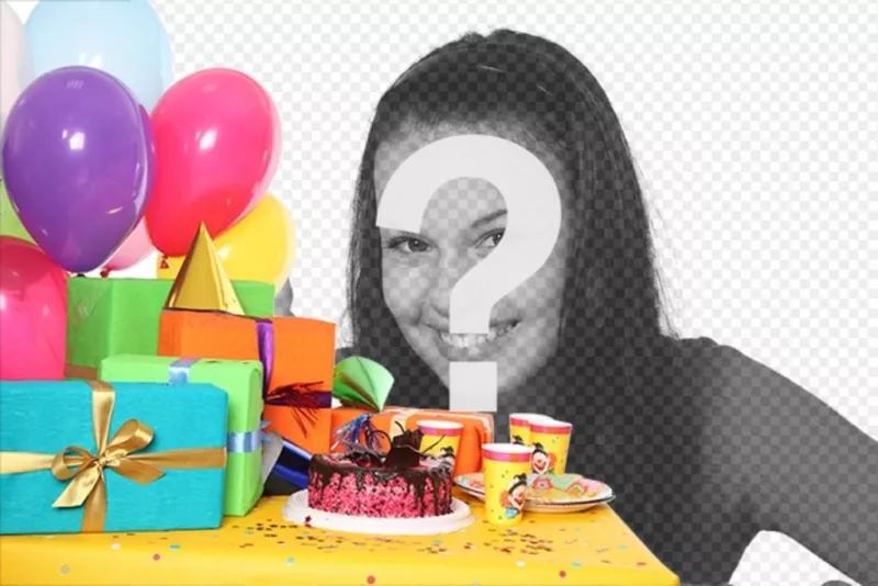 Cartão de aniversário com uma festa com presentes, balões e um bolo para adicionar uma foto e..