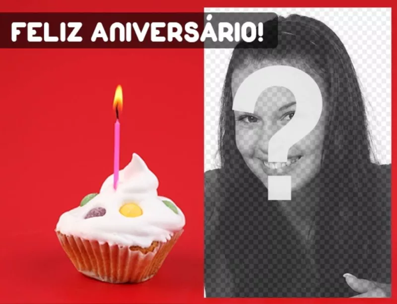 Cartão de aniversário vermelho minimalista com um bolo com uma vela em um fundo vermelho e texto feliz aniversário e um buraco para colocar a foto do..