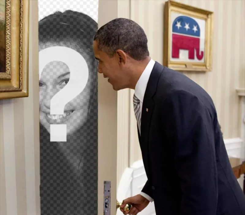 Fotomontagem de Barack Obama em que sua foto aparece atrás da porta que está se..
