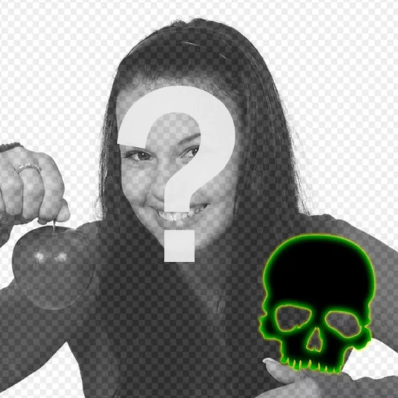 Criar um avatar para facebook e twitter com uma caveira preta com borda verde fluorescente em uma foto que..