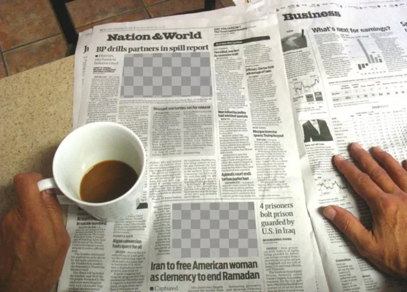 Fotomontagem com alguém lendo um jornal e tomar uma xícara de café com dois buracos para colocar a sua foto e aparecer no..