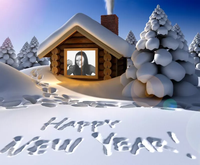Cartão do ano novo original escrito na neve com sua foto dentro de uma casa de neve. ..