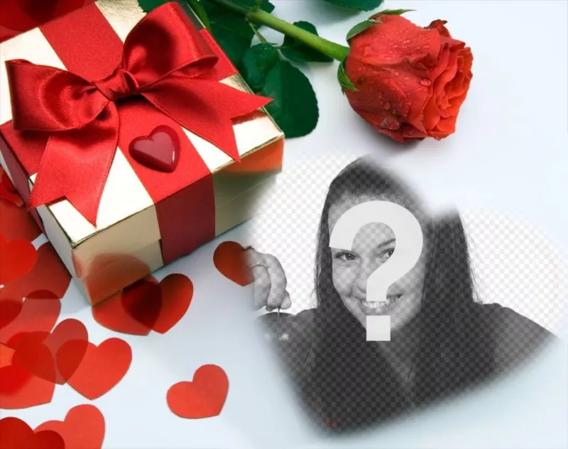 Cartão de amor em que há um presente, corações e uma rosa. Você pode colocar sua foto dentro de um..