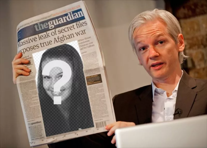 Montagem para colocar a sua foto em um jornal que você está lendo fundador do WikiLeaks, Julian..