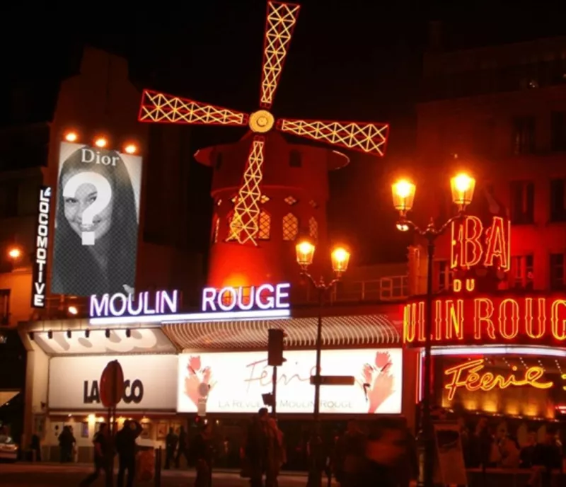 Adicione sua foto a um cartaz publicitário da Dior no Moulin Rouge, no distrito da luz vermelha de..