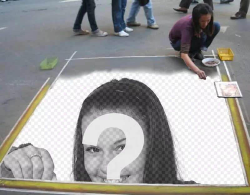 Fotomontagem para inserir sua imagem no chão pintado por um artista de rua. ..