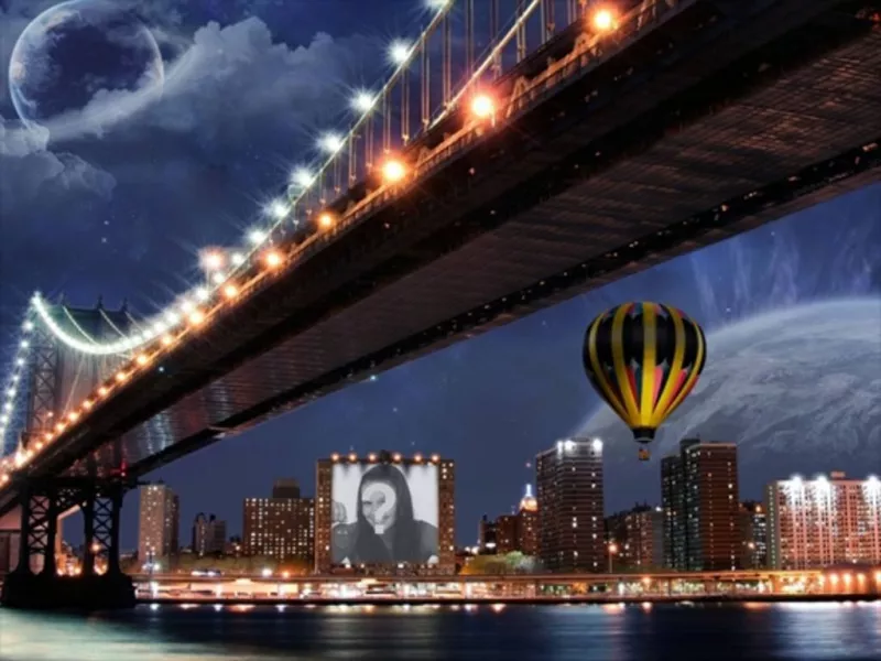 Fotomontagem em um cartaz de um prédio ao lado de um balão e uma ponte. ..