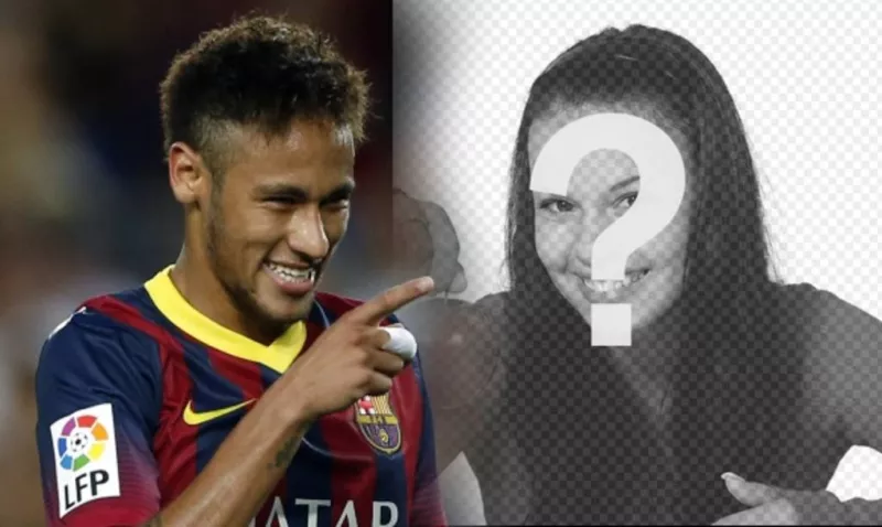Fotomontagem Neymar Jr. com o jogador de futebol apontando e sorrindo para a fotografia que você faz o upload. ..