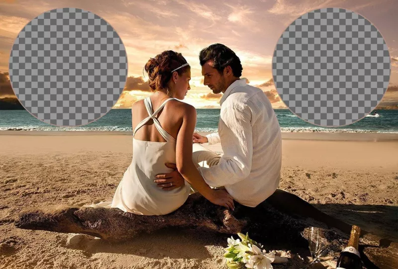 Colagem com um romântico à beira-mar casais comemorando seu casamento recente. ..