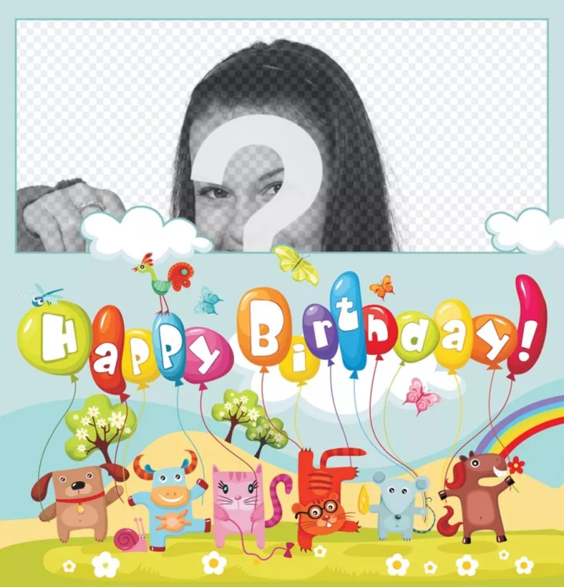 Cartão colorido cheio de animais e balões para desejar feliz aniversário. Coloque sua foto na ..