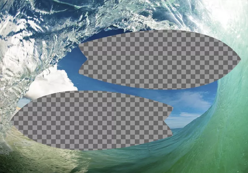Colagem de ondas e surf entre duas molduras em forma de prancha de surf. ..