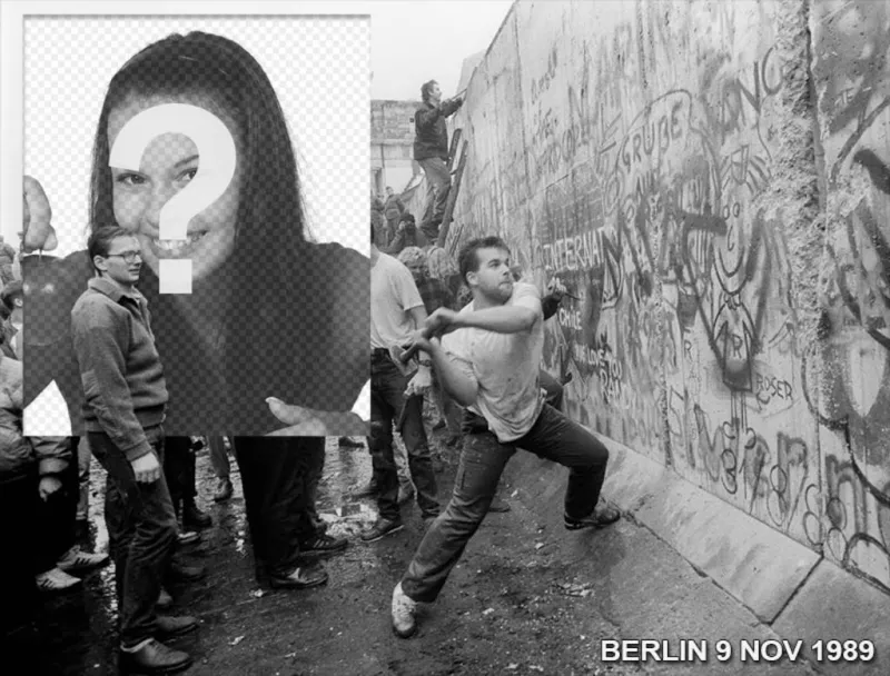 Fotomontagem da queda do Muro de Berlim, em 1989, para colocar sua foto ao lado da imagem. ..