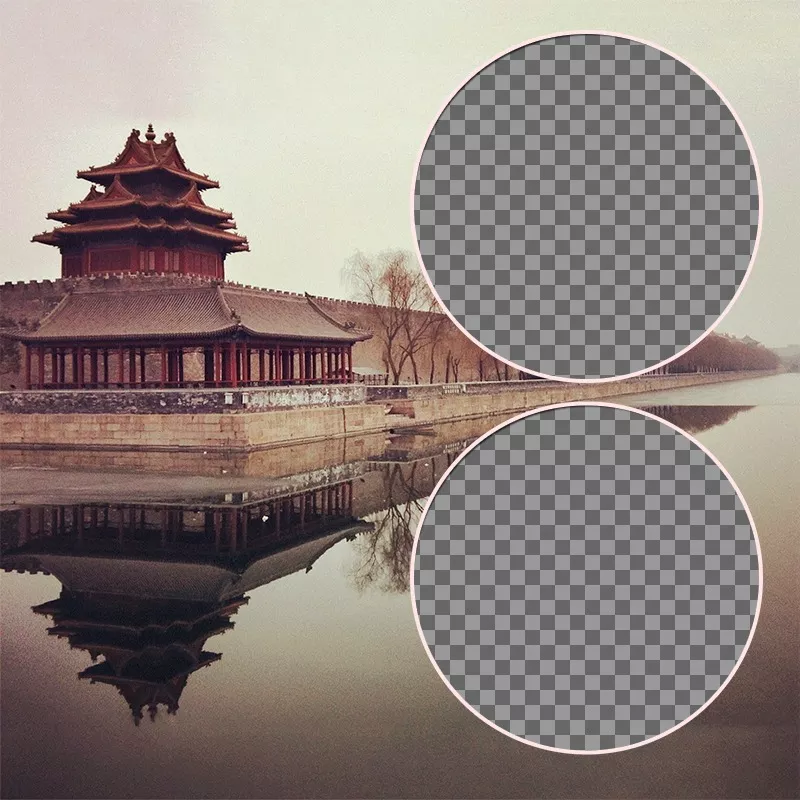 Colagem para duas fotos com uma paisagem da Cidade Proibida na China ..