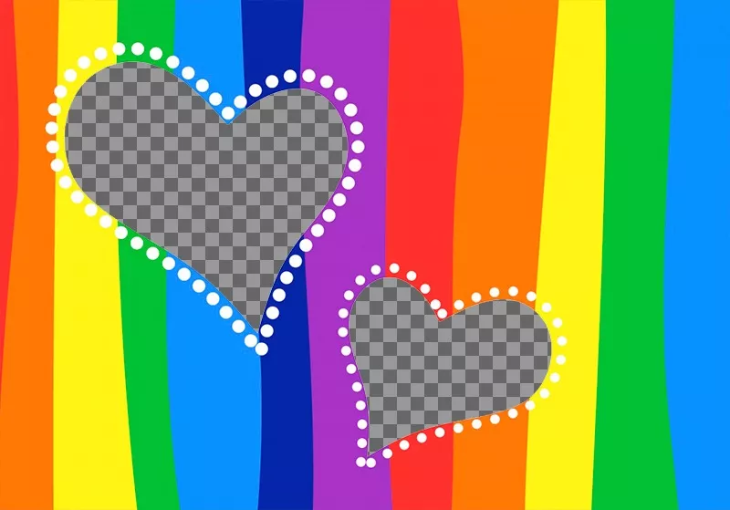 Colagem de dois corações com as cores do arco-íris de fundo. ..
