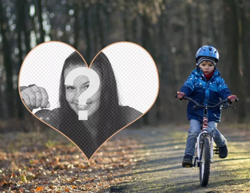 Photo frame de uma criança com bicicleta e sua foto em um coração. ..