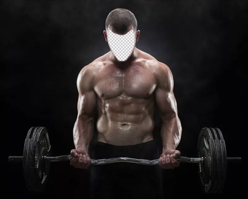 Fotomontagem de um homem muscular que faz pesos para colocar seu rosto. ..