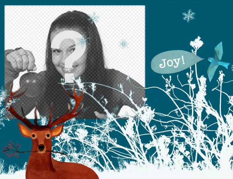 Frame do Natal para fotos com uma rena e flocos de neve ..